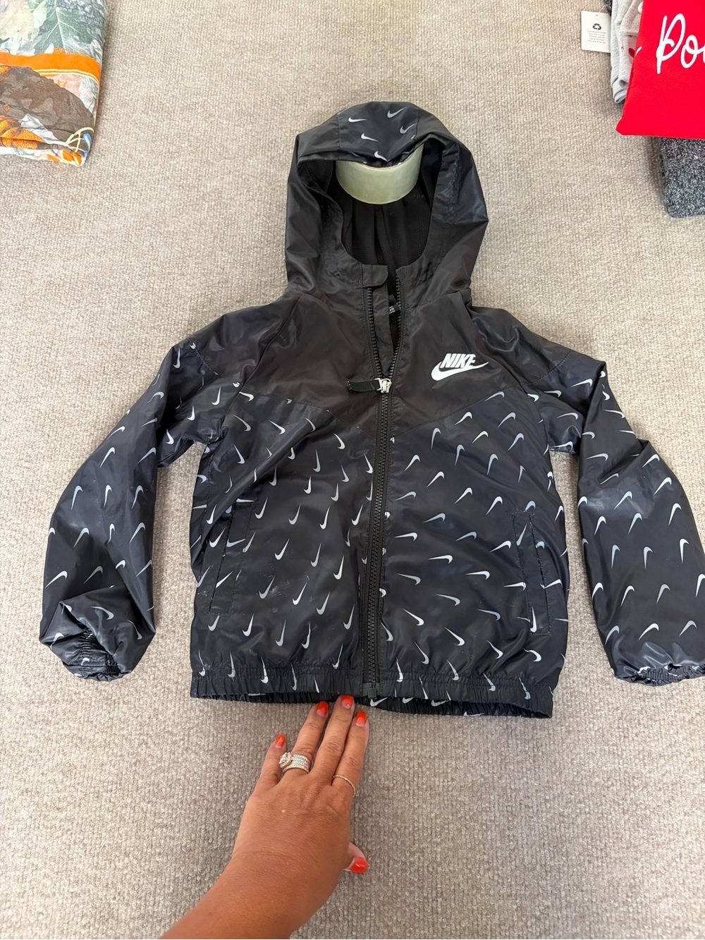 Nike Black Kids' Hooded Windbreaker with Repeat Swoosh Print